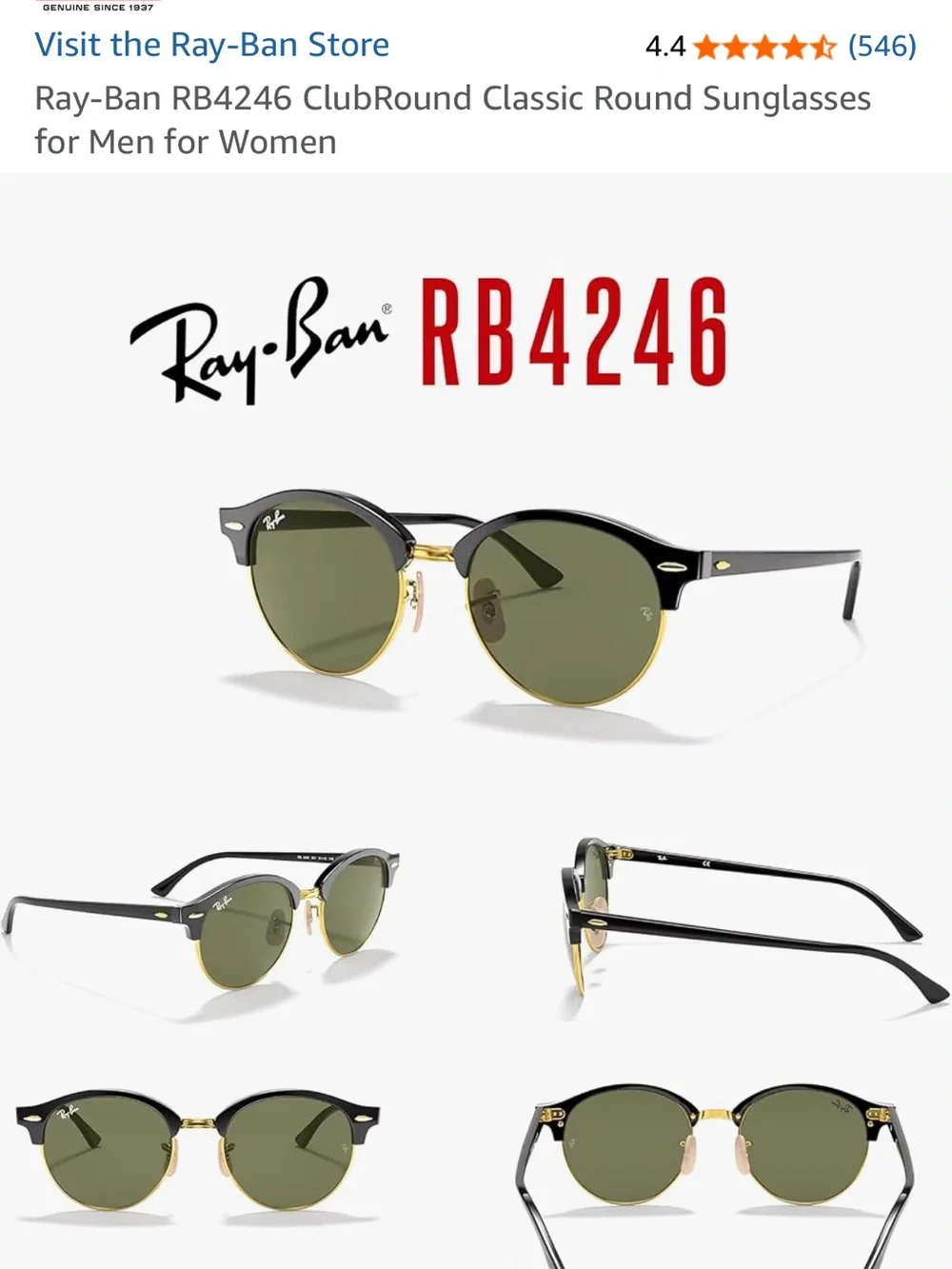 Ray-Ban Clubround Black & Gold Sunglasses with Green Lenses RB4246